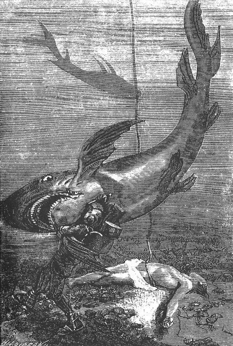 Riou's Underwater Diver Battles Giant Fish — Verne's 20,000 Leagues