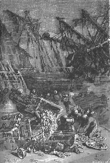 Jules Verne's Nautilus Crew Salvages Shipwreck Treasure Underwater — Riou Engraving