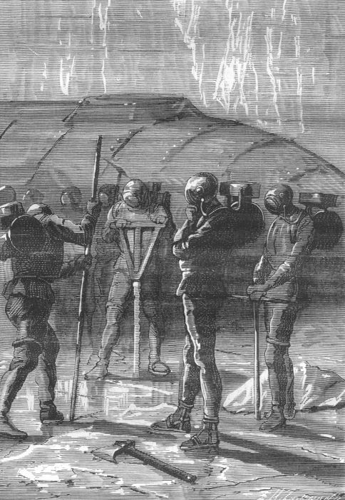Armored Explorers in Toxic Cavern — Victorian Sci-Fi Engraving c.1870s