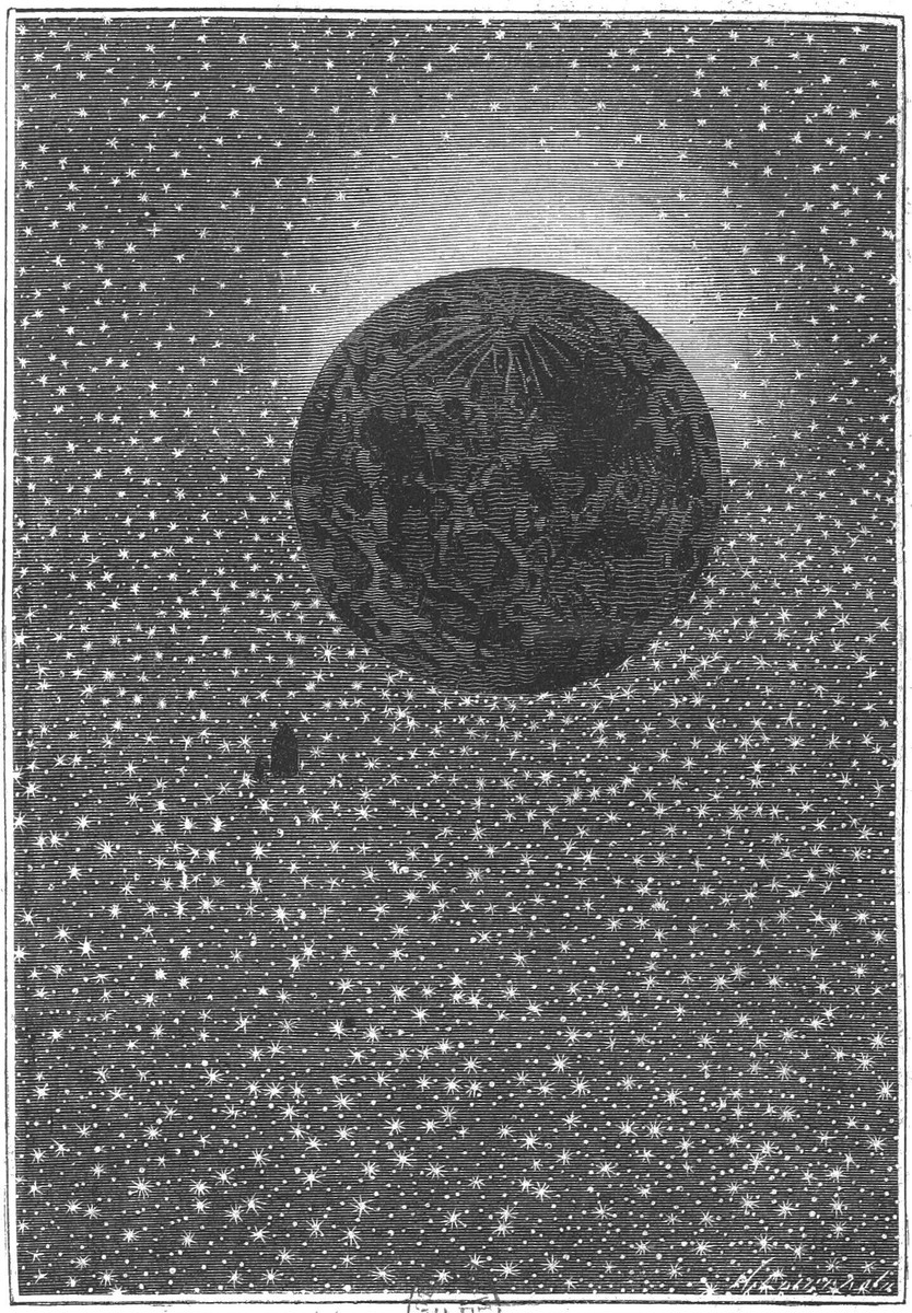 Jules Verne's Moon Silhouetted Against Solar Corona — De la Terre à la Lune Engraving