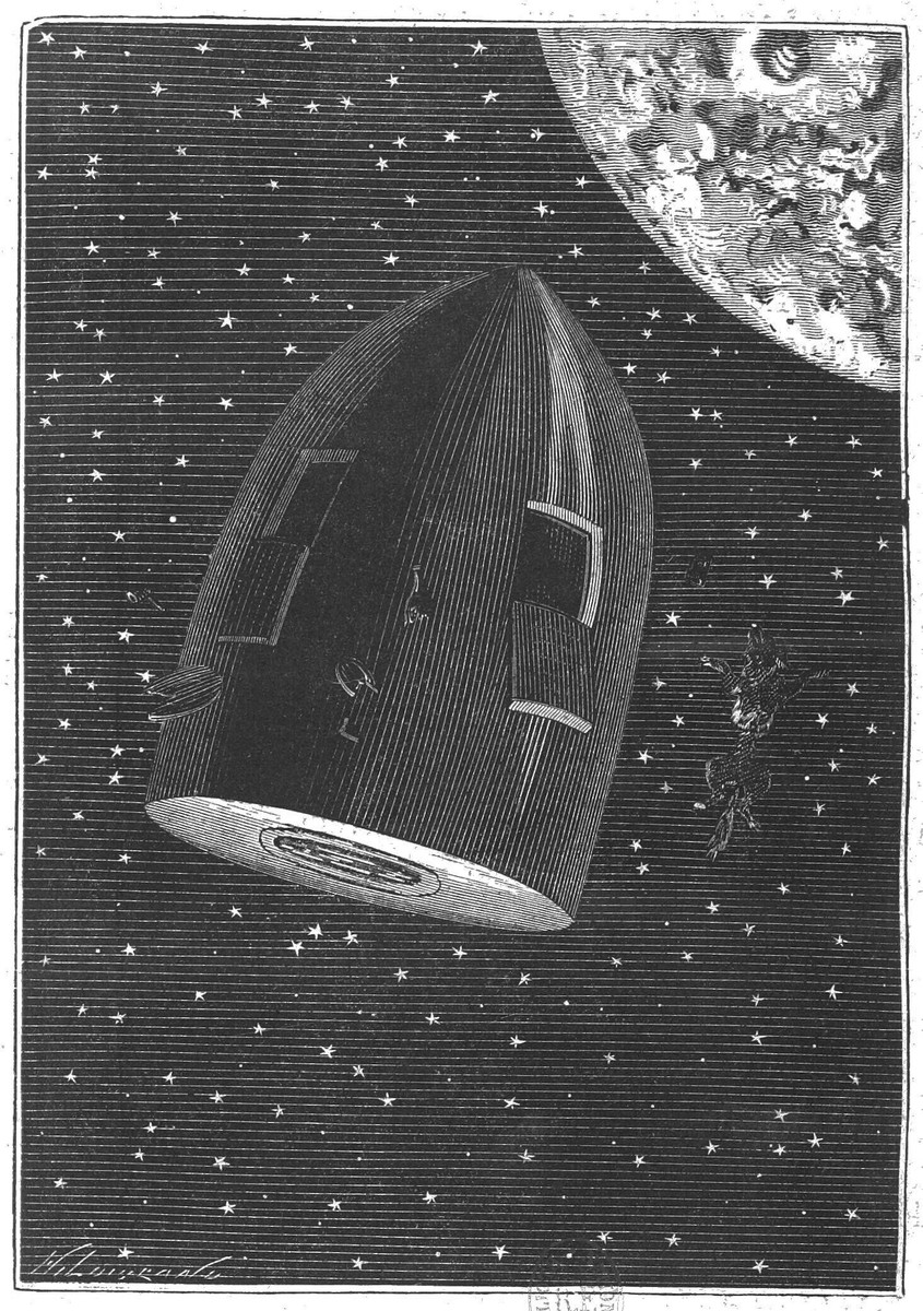 Jules Verne's Lunar Projectile in Space — Émile-Antoine Bayard Engraving, 1872