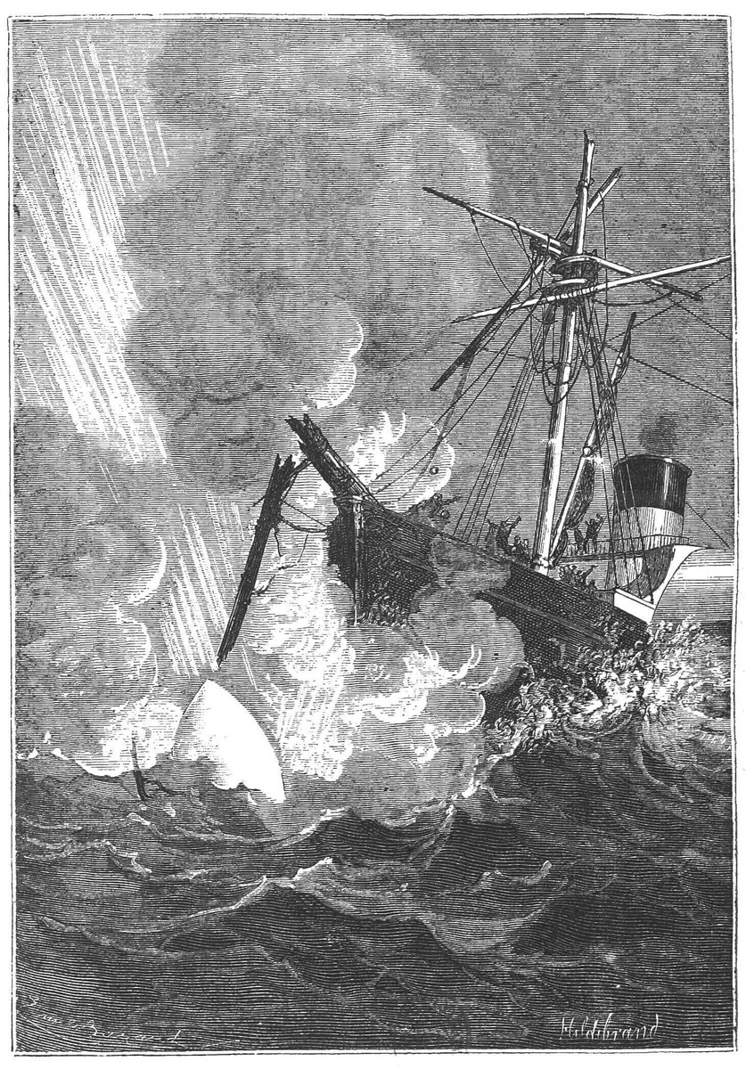 Jules Verne 'Around the Moon' — Projectile Strikes Ship, 1870s Engraving