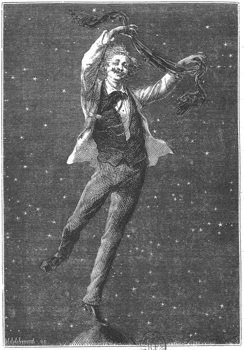 Man Floating in Starfield Breaking Chains — Hildebrand 1880s Engraving