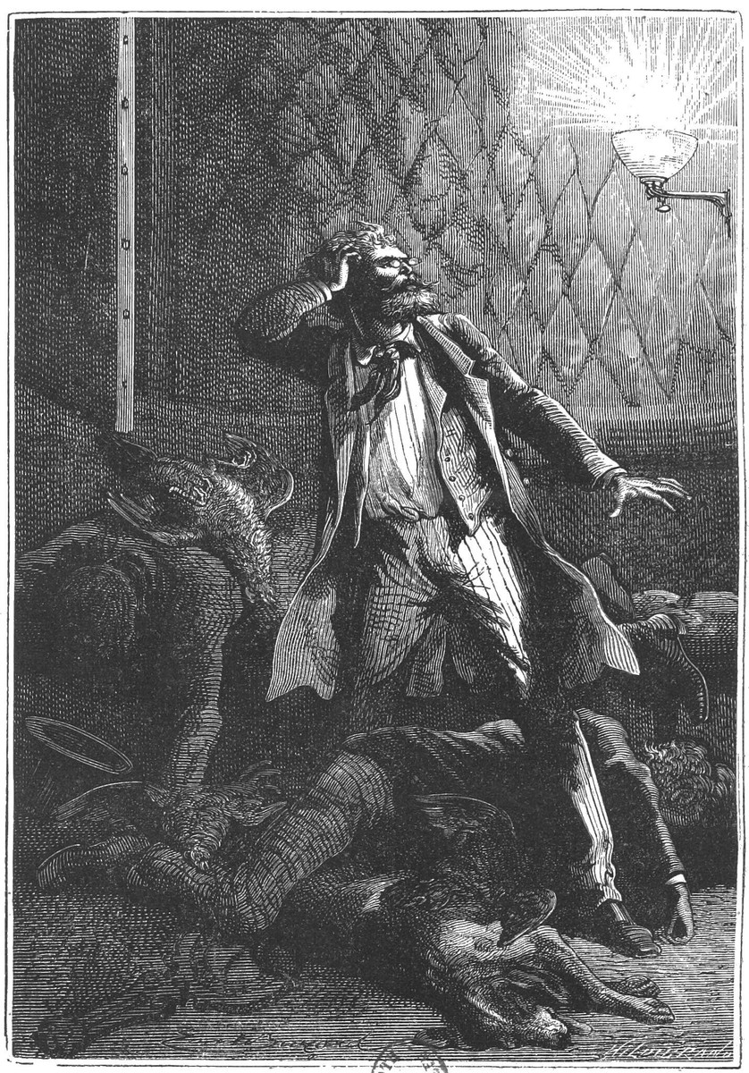 Jules Verne 'Autour de la Lune' — Man Overwhelmed by Giant Rats, c.1870