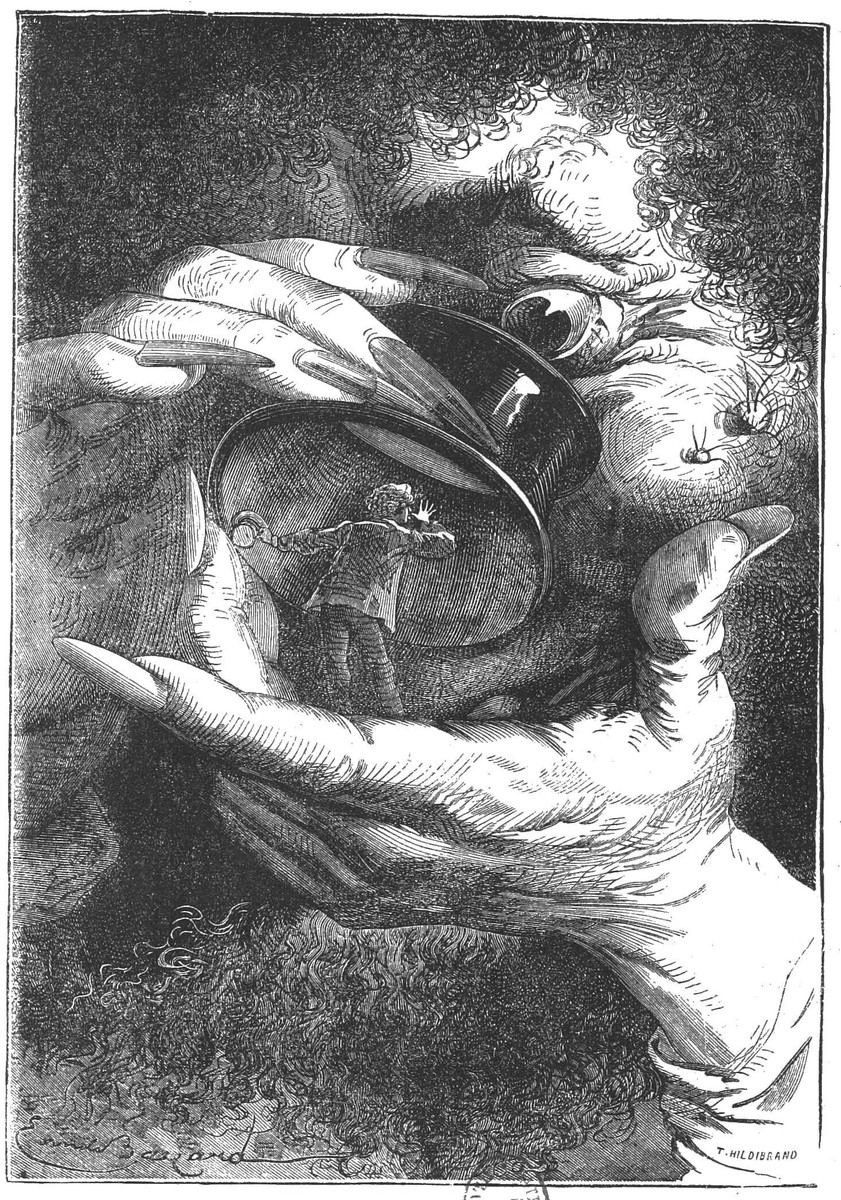 Gulliver-Scale Giant Cradles Tiny Man in Watch Lid — Verne's Around the Moon, 1870