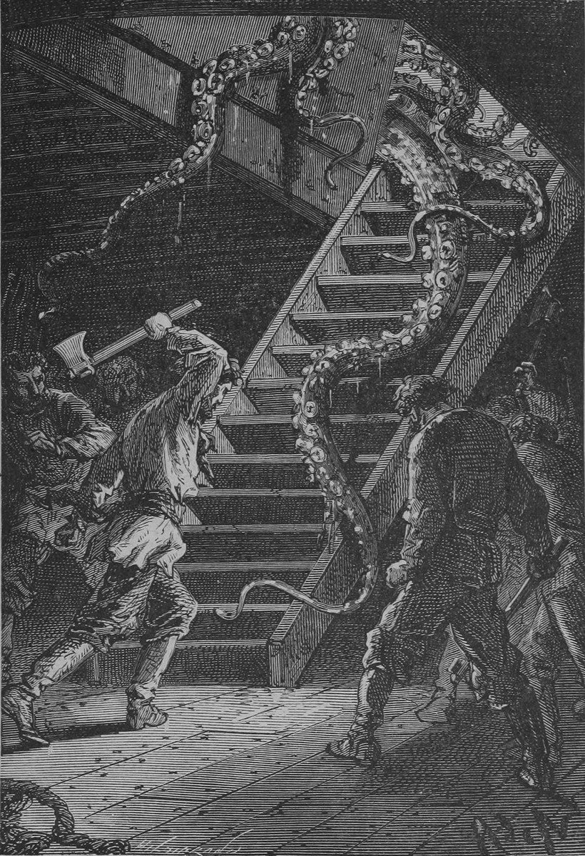 Giant Squid Attack on the Nautilus — Verne's 20,000 Leagues, c.1870s