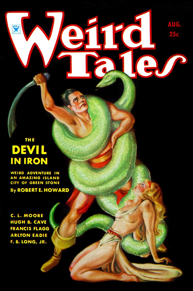 Conan Battles Giant Serpent — Weird Tales August 1934, Robert E. Howard