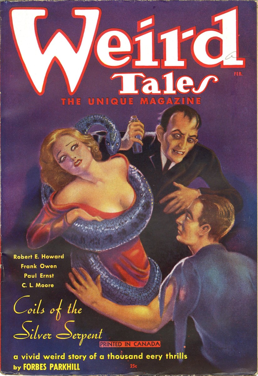 Weird Tales Feb 1936 – 'Coils of the Silver Serpent' Snake & Villain Cover