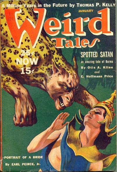 Weird Tales January — 'Spotted Satan' Leopard Attack Burma Cover Art