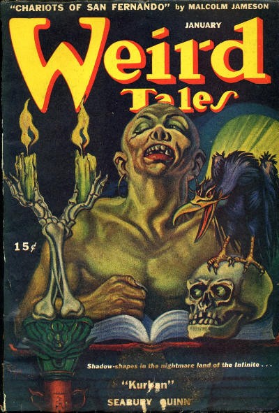Weird Tales January Cover: Ghoul Over Grimoire with Skull and Raven