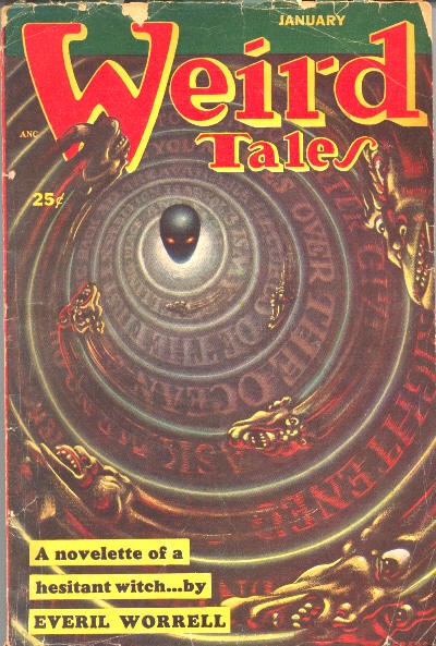 Weird Tales January — Hypnotic Vortex Eye with Demon Faces, Everil Worrell