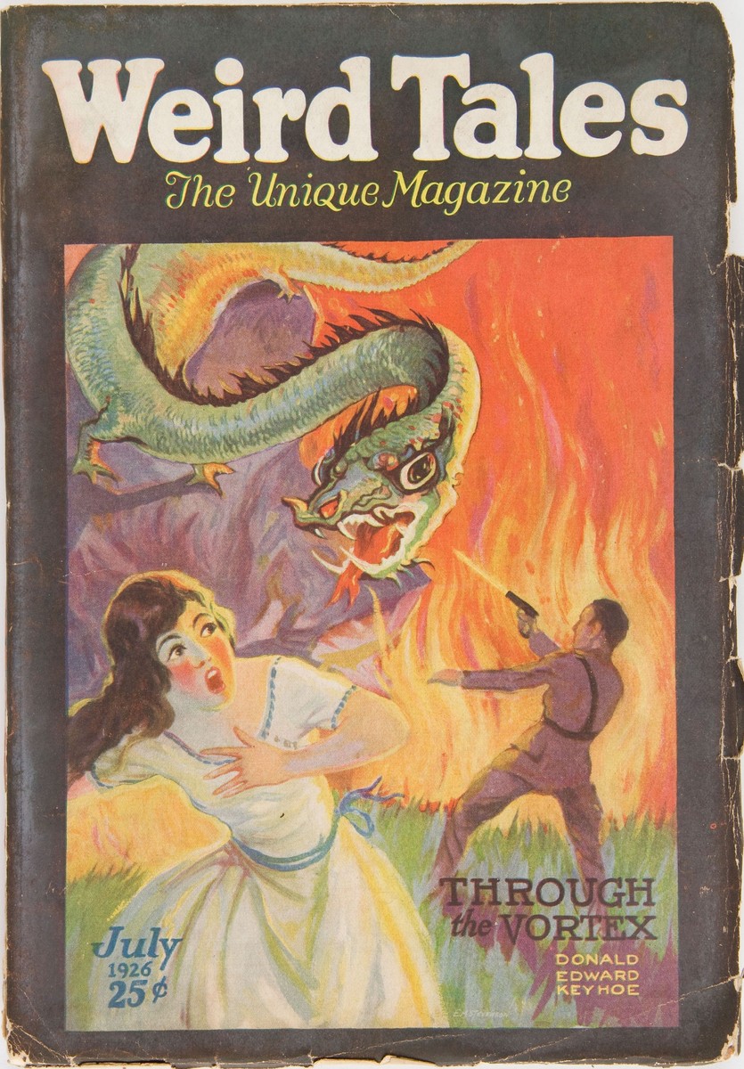 Dragon Attacks Woman as Hero Fires Pistol — Weird Tales July 1926