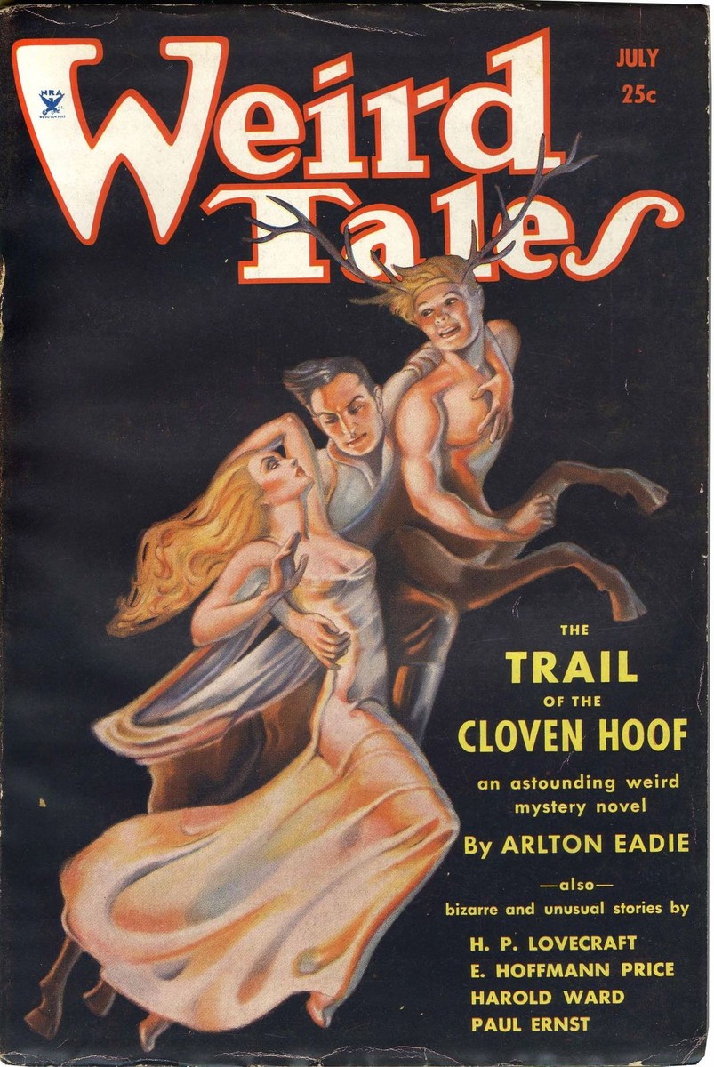 Weird Tales July 1934 – Trail of the Cloven Hoof Satyr Attack Cover