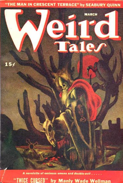 Weird Tales March 1946 — Skeletal Sorcerer in Graveyard, 'Twice Cursed'