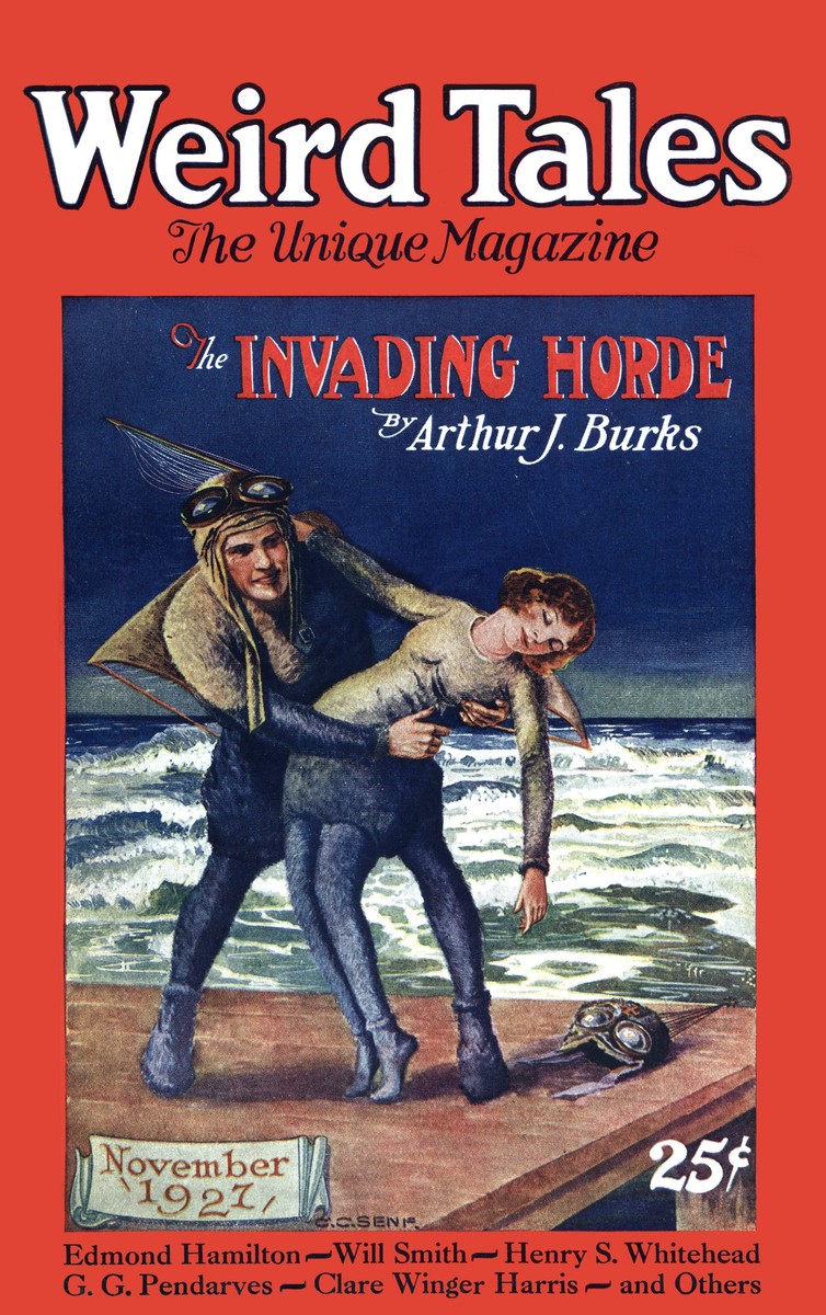 Weird Tales Nov 1927 – 'The Invading Horde' Aviator Rescues Woman on Shore