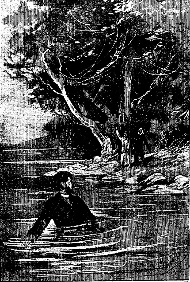 Man Wading River at Night, Jules Verne Adventure Engraving c.1904