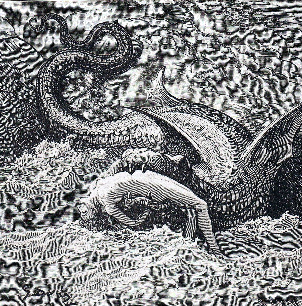 Gustave Doré's Sea Monster Devouring Andromeda, Victorian Engraving c.1860s