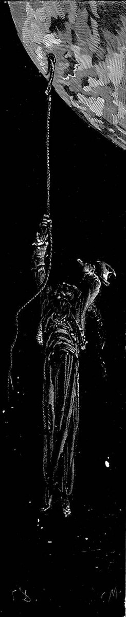 Baron Munchausen Clings to Rope Ascending to the Moon — Doré Engraving