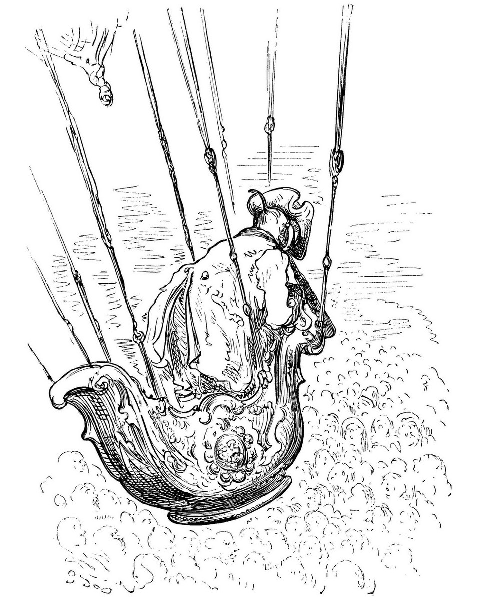 Doré's Baron Munchausen Ascends by Eagle-Pulled Gondola Above the Clouds