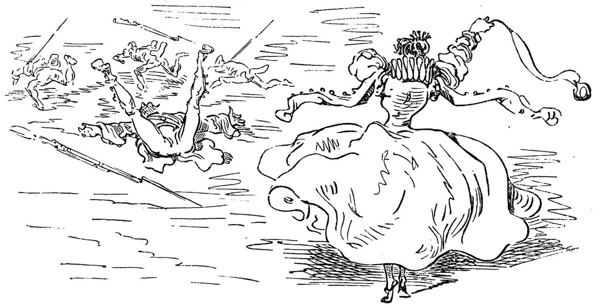 Gustave Doré's Baron Munchausen Rides the Giant Cannonball Beast