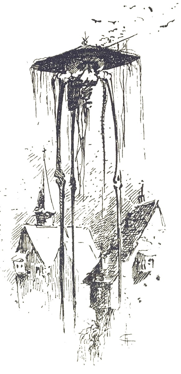 Martian Tripod Over Village Streets — H.G. Wells War of the Worlds 1906
