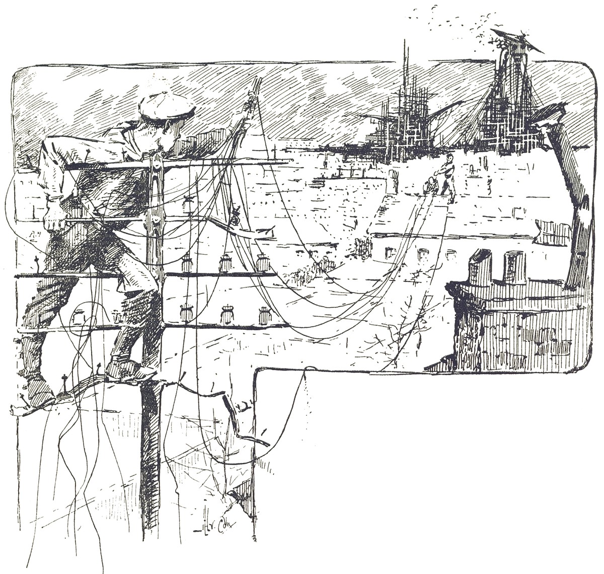 H.G. Wells 'War of the Worlds' 1906 French Edition — Telegraph Lines Under Martian Siege