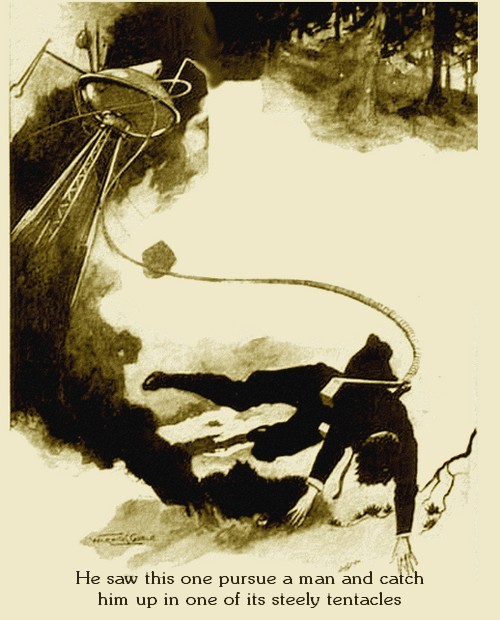 Warwick Goble's Martian Tripod Captures Man – War of the Worlds 1897