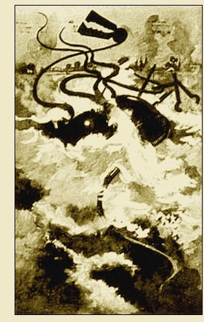 Warwick Goble's Martian War Machine Rises from Smoke – War of the Worlds