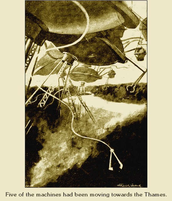 Warwick Goble's Martian Tripods Over the Thames – War of the Worlds 1897