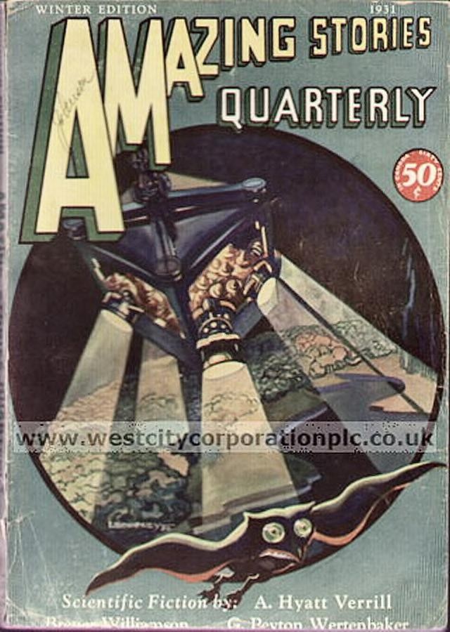 Mechanical Giant Looms Over Bat-Creature, Amazing Stories Quarterly Winter 1931