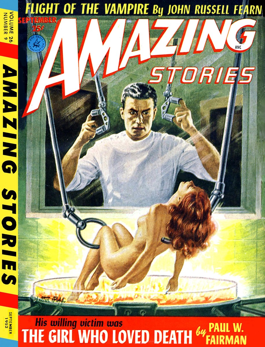 Amazing Stories Sept 1952 – Mad Scientist's Glass Dish Experiment Cover