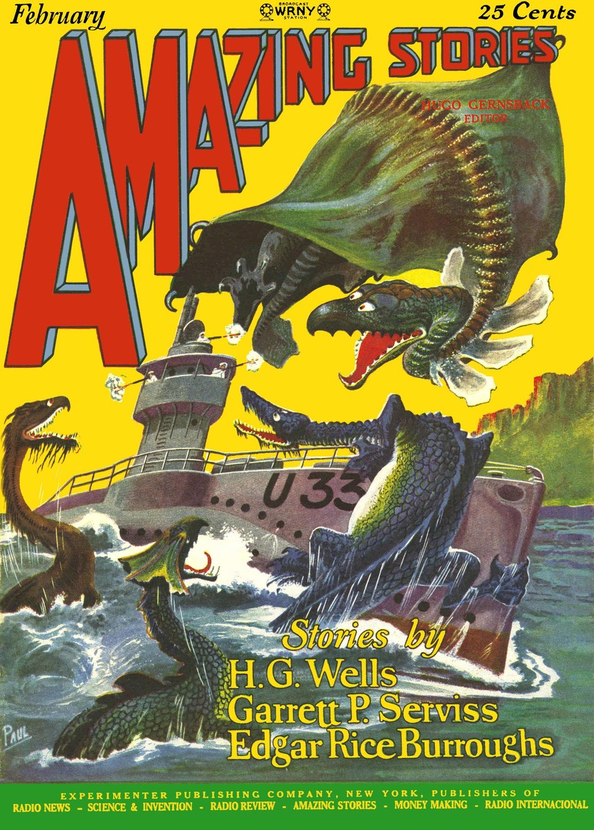 Frank R. Paul's Sea Monsters vs. U-33 Sub, Amazing Stories Feb 1927