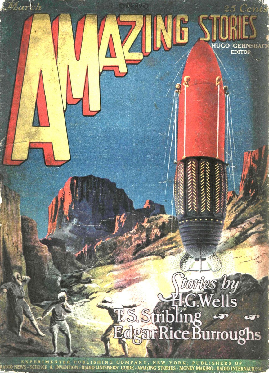 Amazing Stories March 1927 – Frank R. Paul's Red Rocket Launch in Desert Canyon