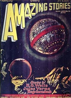 Amazing Stories Feb 1928 – Colossal Ringed Space Station Over Alien Moon