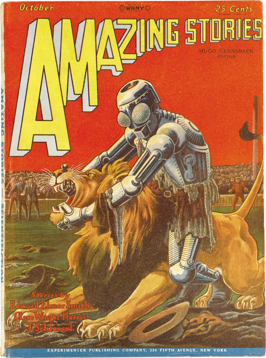 Frank R. Paul's Robot Gladiator vs. Lion, Amazing Stories October 1928