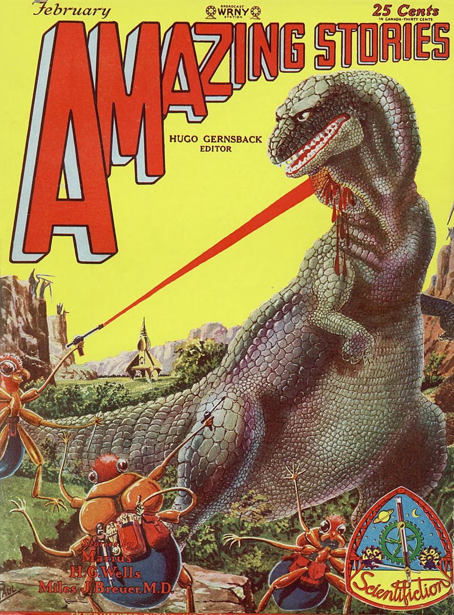 Frank R. Paul's Giant Dinosaur vs. Ant-Men, Amazing Stories Feb 1929