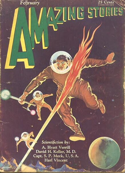 Amazing Stories Feb 1930 — Spacemen Dodging Energy Beam in Zero-G Combat