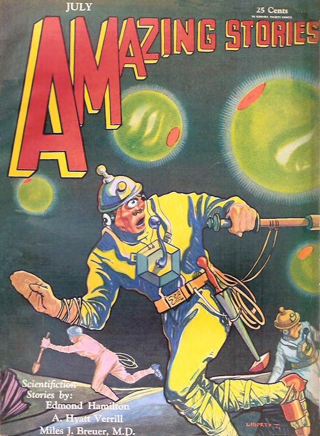Leo Morey's Space-Suited Astronaut Battles Alien Orbs, Amazing Stories July 1930
