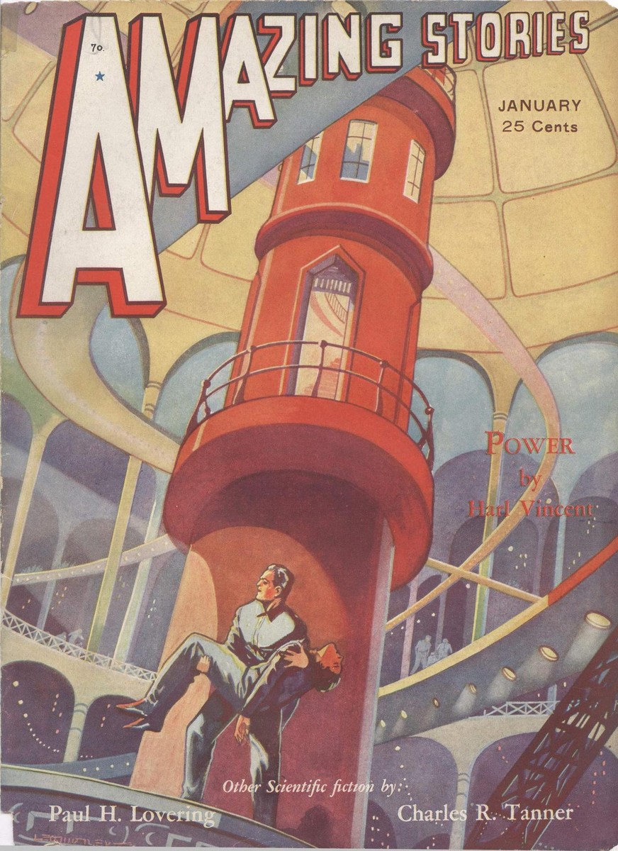 Man Carries Unconscious Woman in Futuristic Power Tower – Amazing Stories Jan 1932