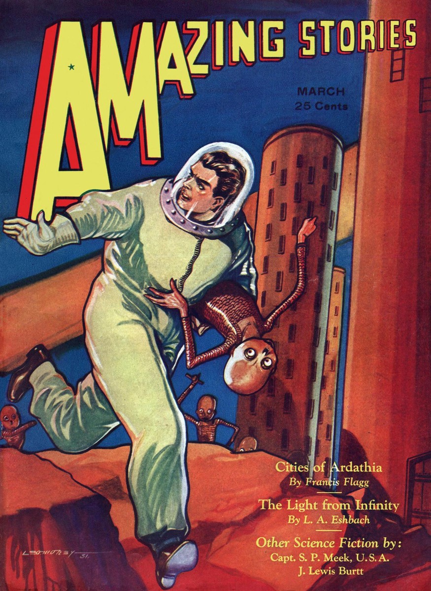 Amazing Stories March 1932 — Spaceman Battles Bug-Eyed Alien on Red Planet