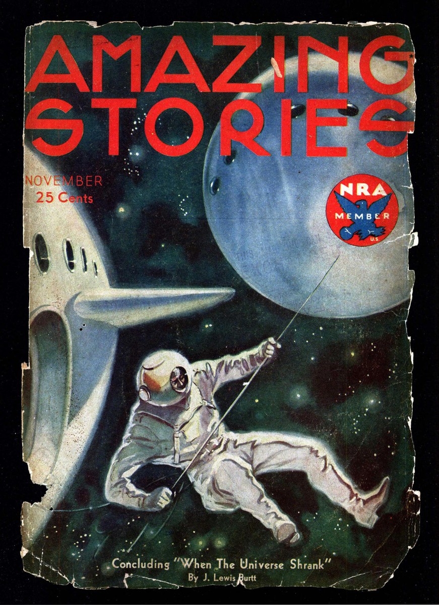 Amazing Stories Nov 1933 — Spacewalker Tethered to Rocket in Deep Space