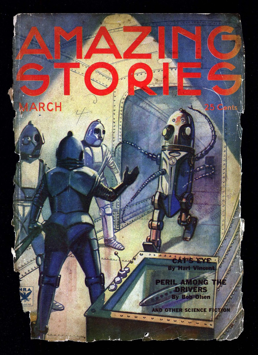 Robot Confrontation Aboard Steel Vessel, Amazing Stories March 1934