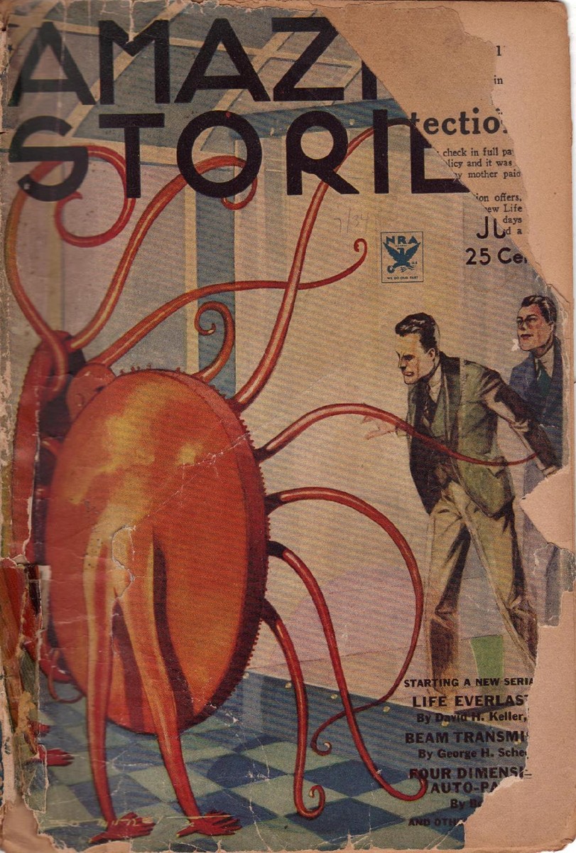 Giant Alien Octopoid Confronts Men — Amazing Stories July 1934