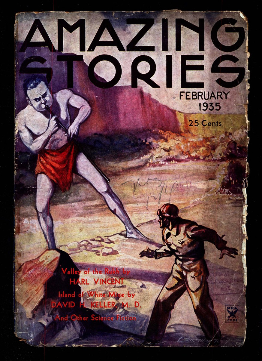 Giant vs. Helmeted Explorer — Amazing Stories February 1935 Cover