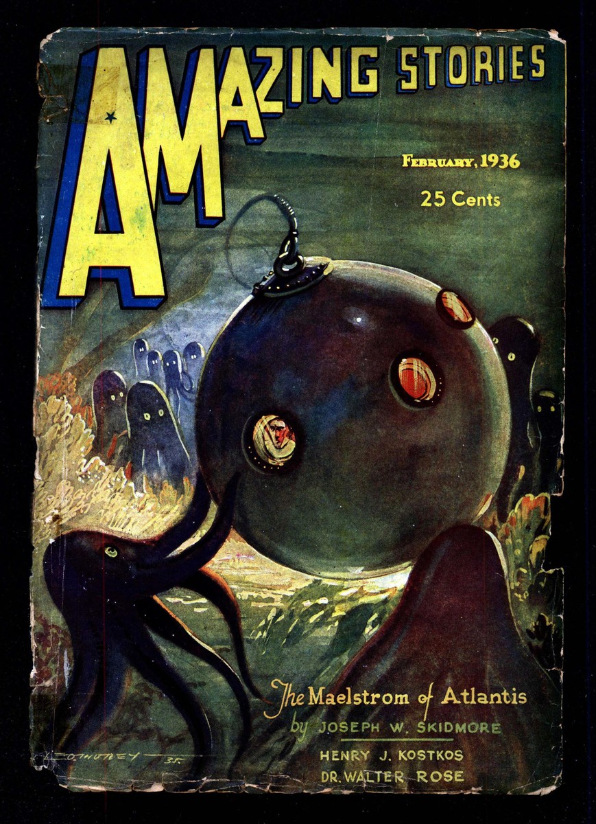 Giant Undersea Creature Threatens Diver's Sphere – Amazing Stories Feb 1936