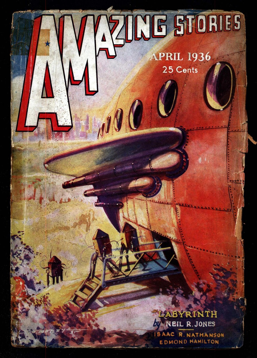Amazing Stories April 1936 – Colossal Spaceship Docking on Alien World