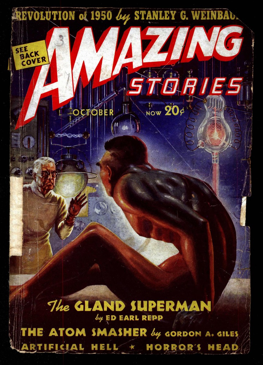 The Gland Superman — Amazing Stories October 1938 Mad Science Cover