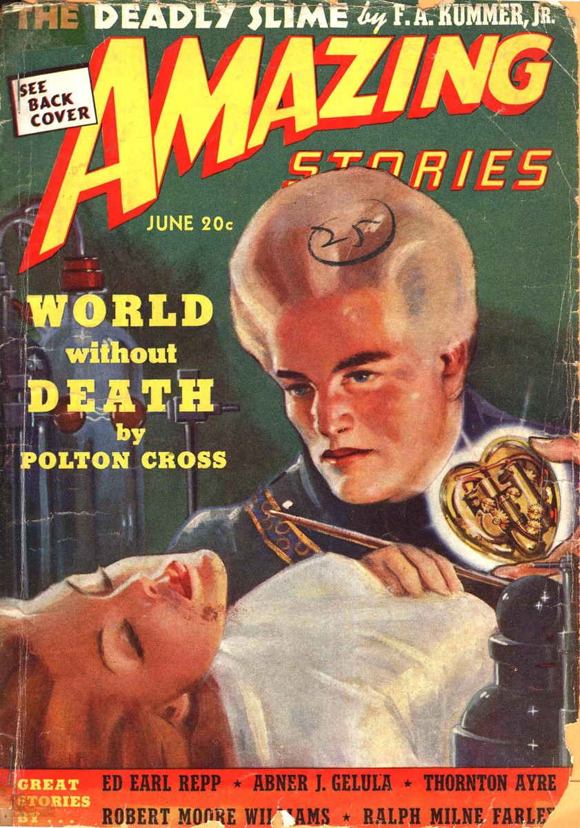 Amazing Stories June 1939: Big-Brained Alien and Clockwork Heart Mad Science Cover