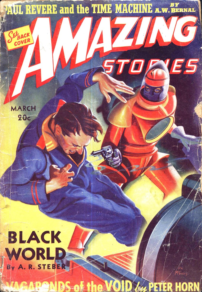 Amazing Stories March 1940 — Hero Battles Red Robot in Zero-G Combat