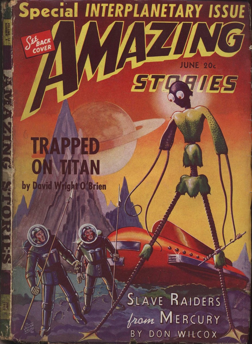 Amazing Stories June 1940 — Titan Alien Encounter, Julian Krupa Cover